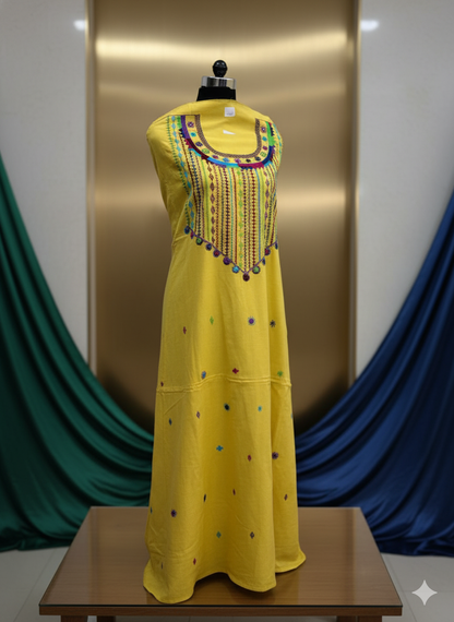 Elegant handwoven Khadi Handcrafted lambani embroidered kurti fabric Yellow -03