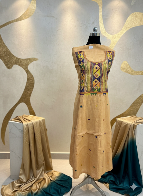 Elegant handwoven Khadi Handcrafted lambani embroidered kurti fabric peach yellow - 10