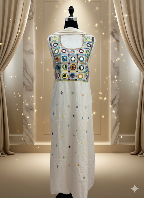 Elegant handwoven Khadi Handcrafted lambani embroidered kurti fabric Off White -05