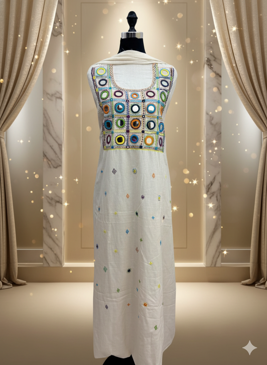 Elegant handwoven Khadi Handcrafted lambani embroidered kurti fabric Off White -05