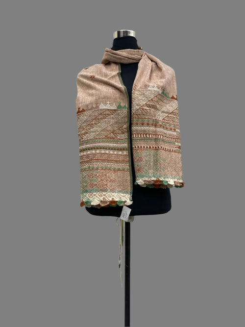 Off white - Handcrafted Lambani Khadi Cotton Stole with Multicolor Embroidery and Mirror Work