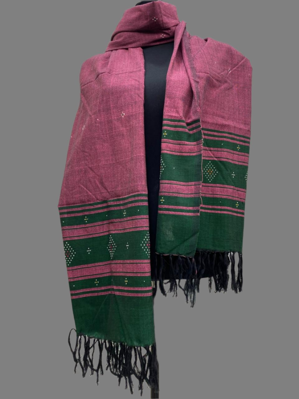 Wine and Green- Tangaliya Handwoven Cotton Stole with Tassels