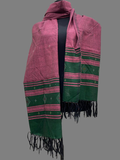 Wine and Green- Tangaliya Handwoven Cotton Stole with Tassels