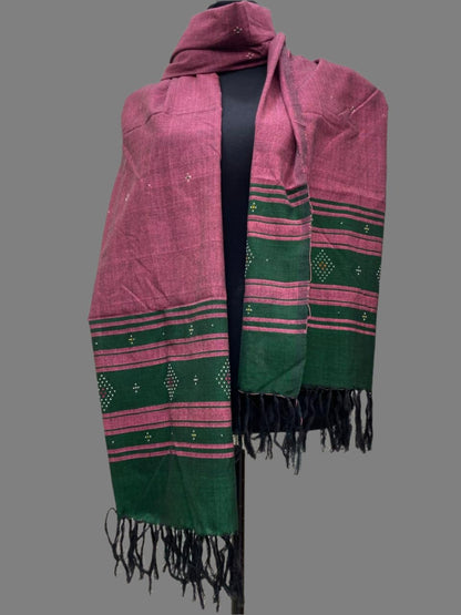 Wine and Green- Tangaliya Handwoven Cotton Stole with Tassels