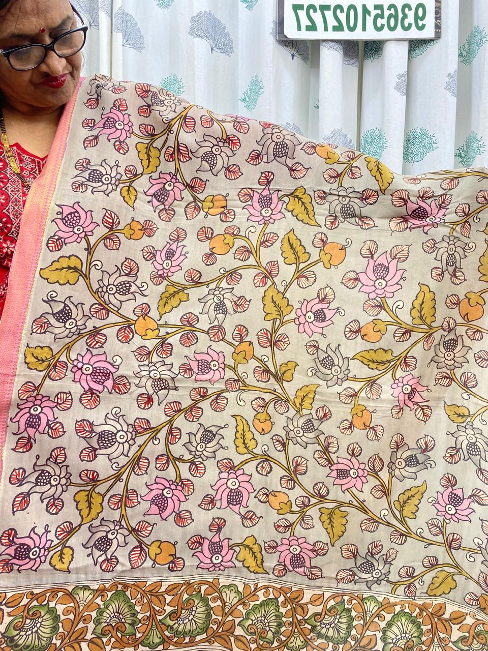 Sand Brown  - Chennuri Silk Srikalahasti Handpainted Pen Kalamkari Dupatta 9
