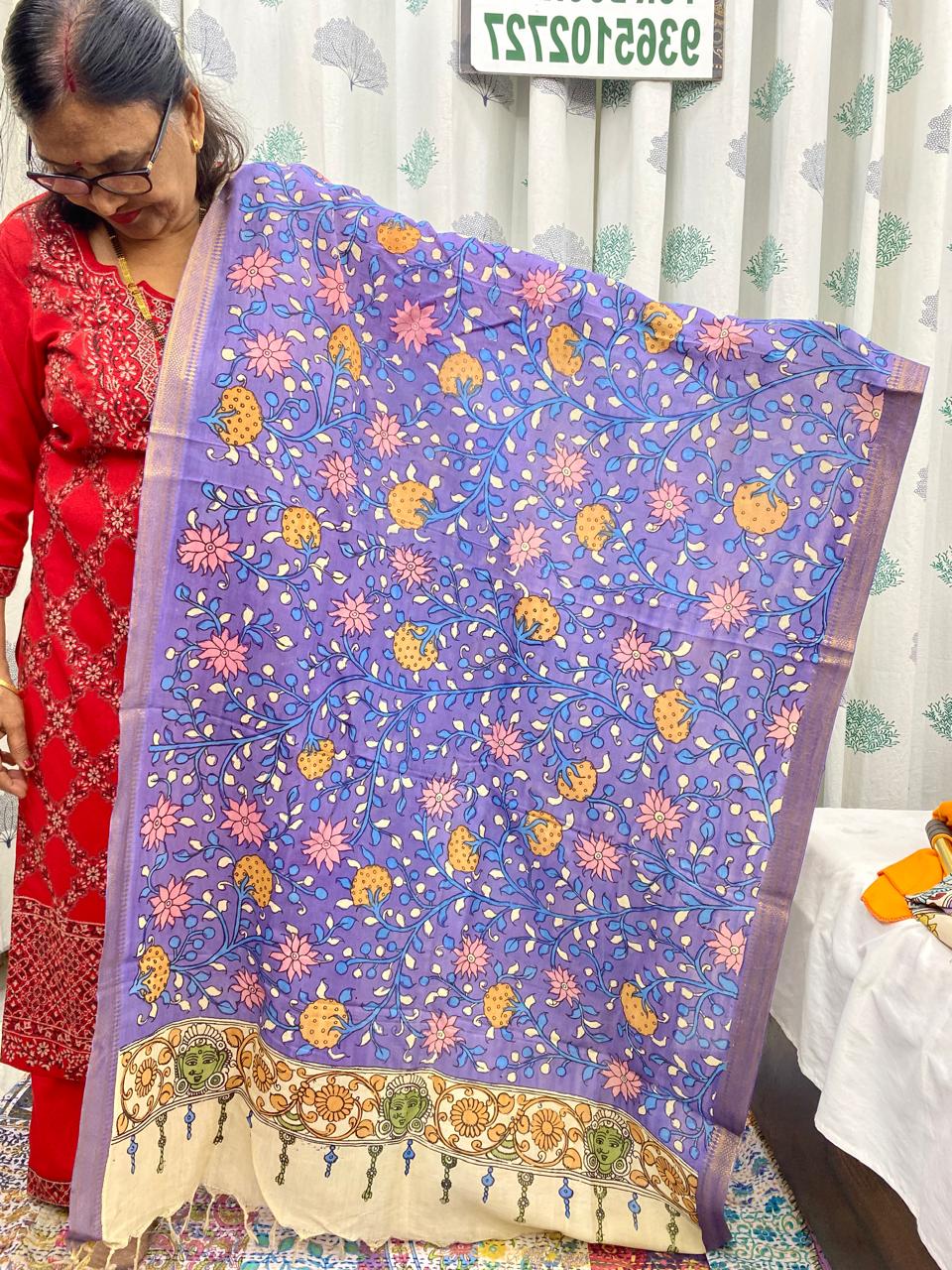 Ink Blue - Chennuri Silk Srikalahasti Handpainted Pen Kalamkari Dupatta 8
