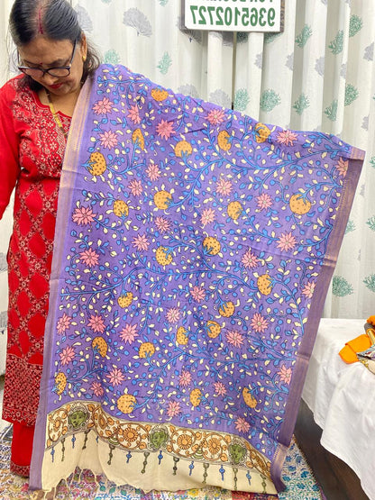 Ink Blue - Chennuri Silk Srikalahasti Handpainted Pen Kalamkari Dupatta 8