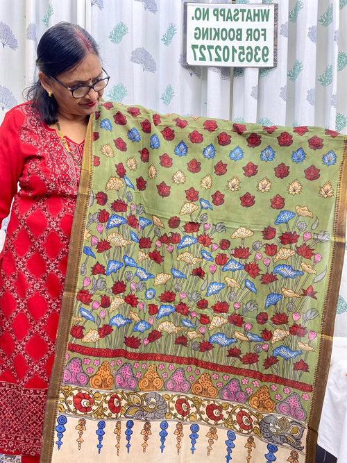 Mint Green- Chennuri Silk Srikalahasti Handpainted Pen Kalamkari Dupatta 4