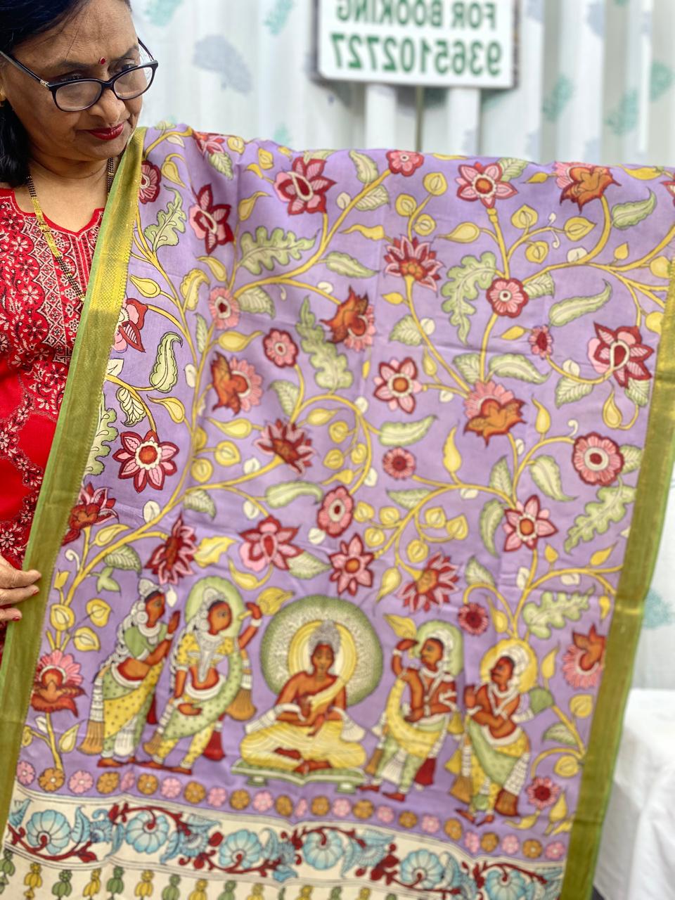 Lilac- Chennuri Silk Srikalahasti Handpainted Pen Kalamkari Dupatta 3