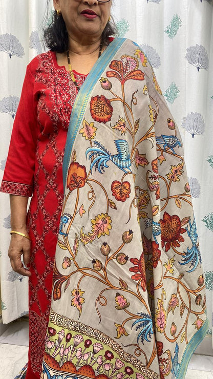 Grey - Chennuri Silk Srikalahasti Handpainted Pen Kalamkari Dupatta 16