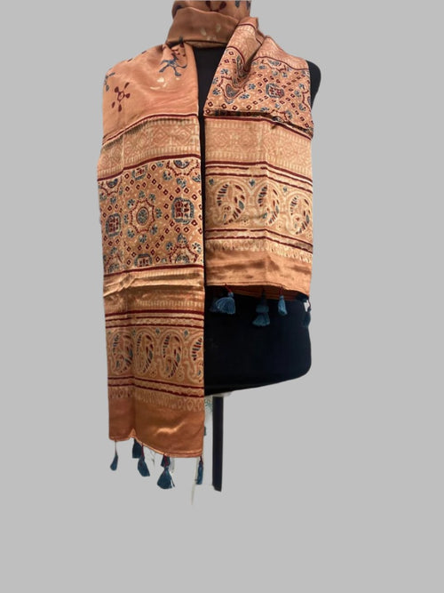 Beige - Hand block Mashru Silk Ajrakh Stole 03