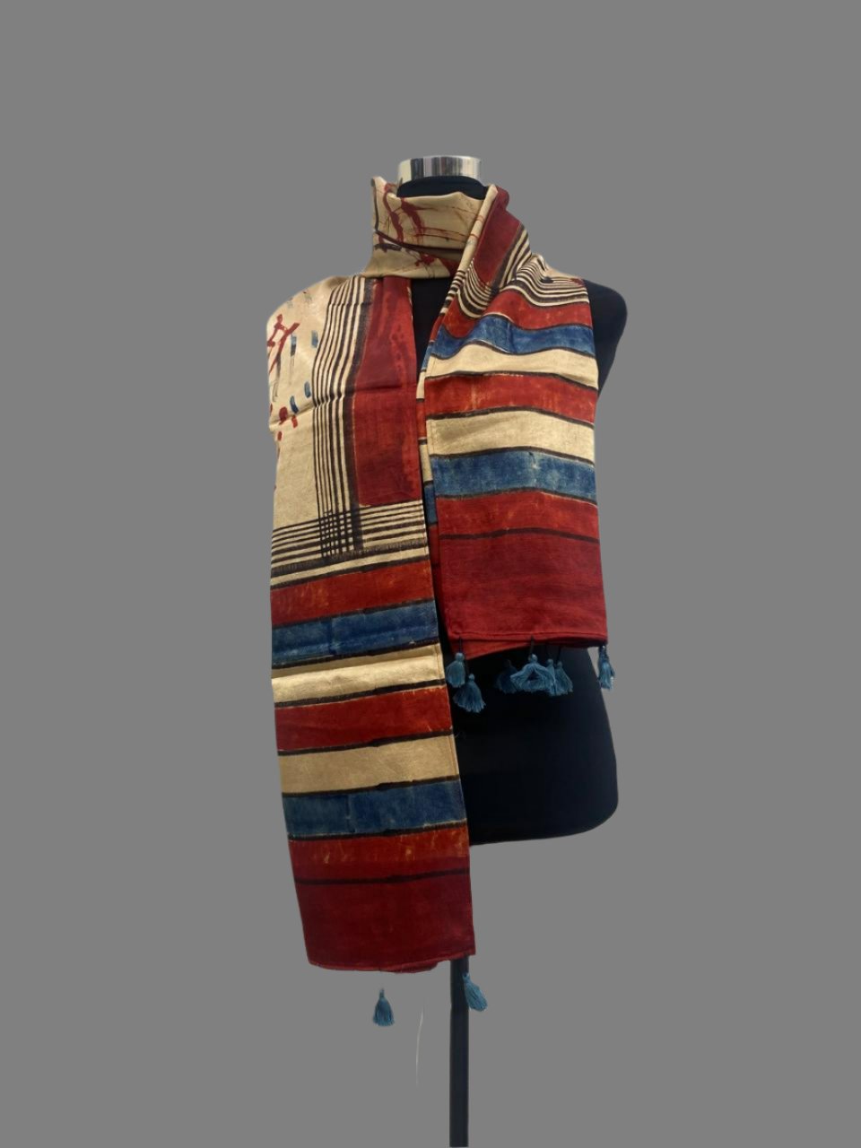 Beige  Hand block Mashru Silk Ajrakh Stole 08