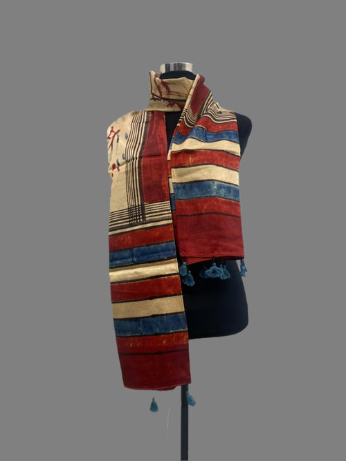 Beige  Hand block Mashru Silk Ajrakh Stole 08