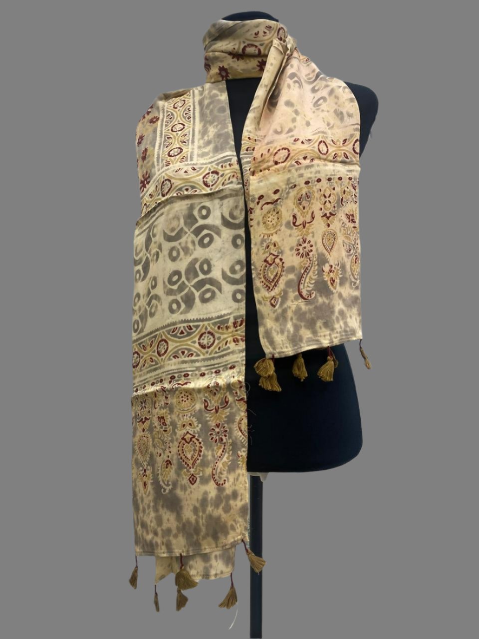 Ivory - Ajrakh Block Printed Modal Silk Stole with Tassels 4