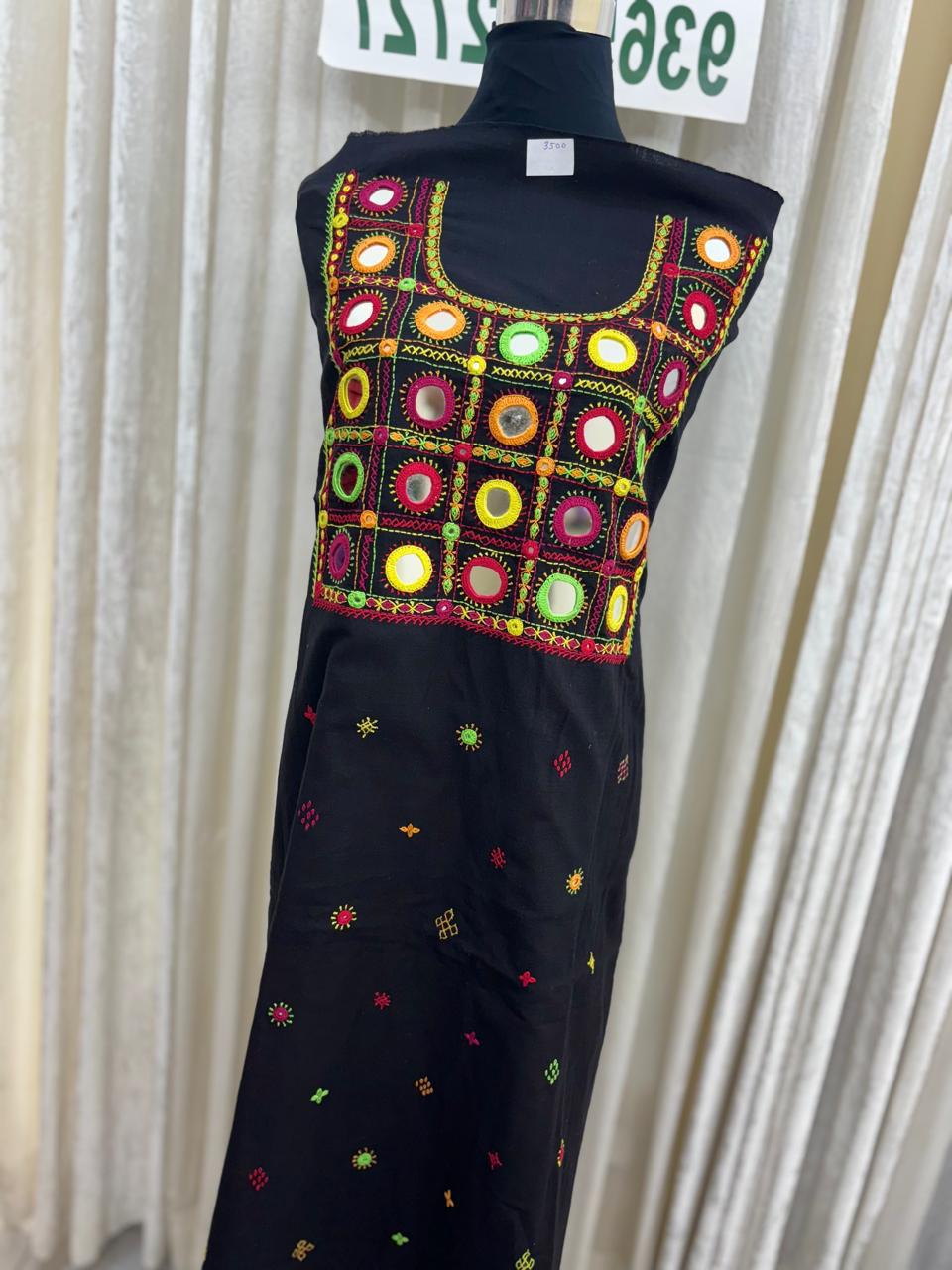 Elegant handwoven Khadi Handcrafted lambani embroidered kurti fabric Black -04