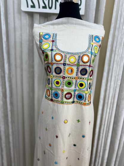 Elegant handwoven Khadi Handcrafted lambani embroidered kurti fabric Off White -05