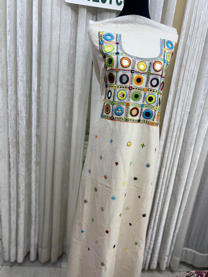 Elegant handwoven Khadi Handcrafted lambani embroidered kurti fabric Off White -05