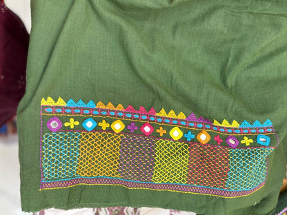 Elegant handwoven Khadi Handcrafted lambani embroidered kurti fabric chutney green - 11