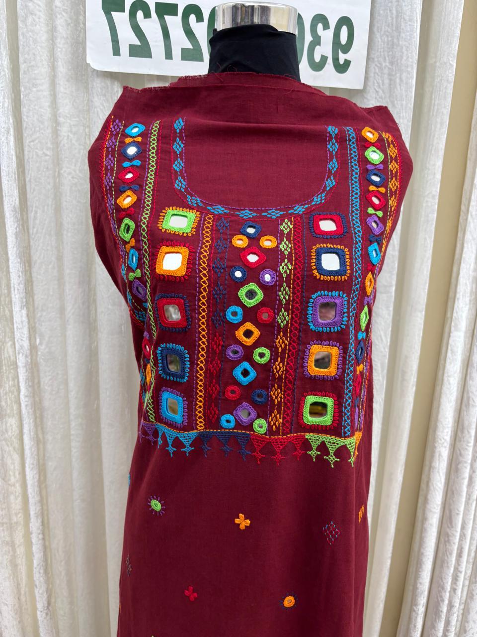 Elegant handwoven Khadi Handcrafted lambani embroidered kurti fabric Dark plum -09