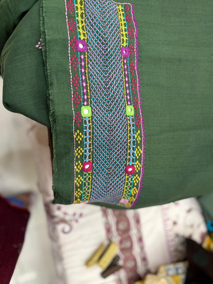 Elegant handwoven Khadi Handcrafted lambani embroidered kurti fabric fresh green - 12