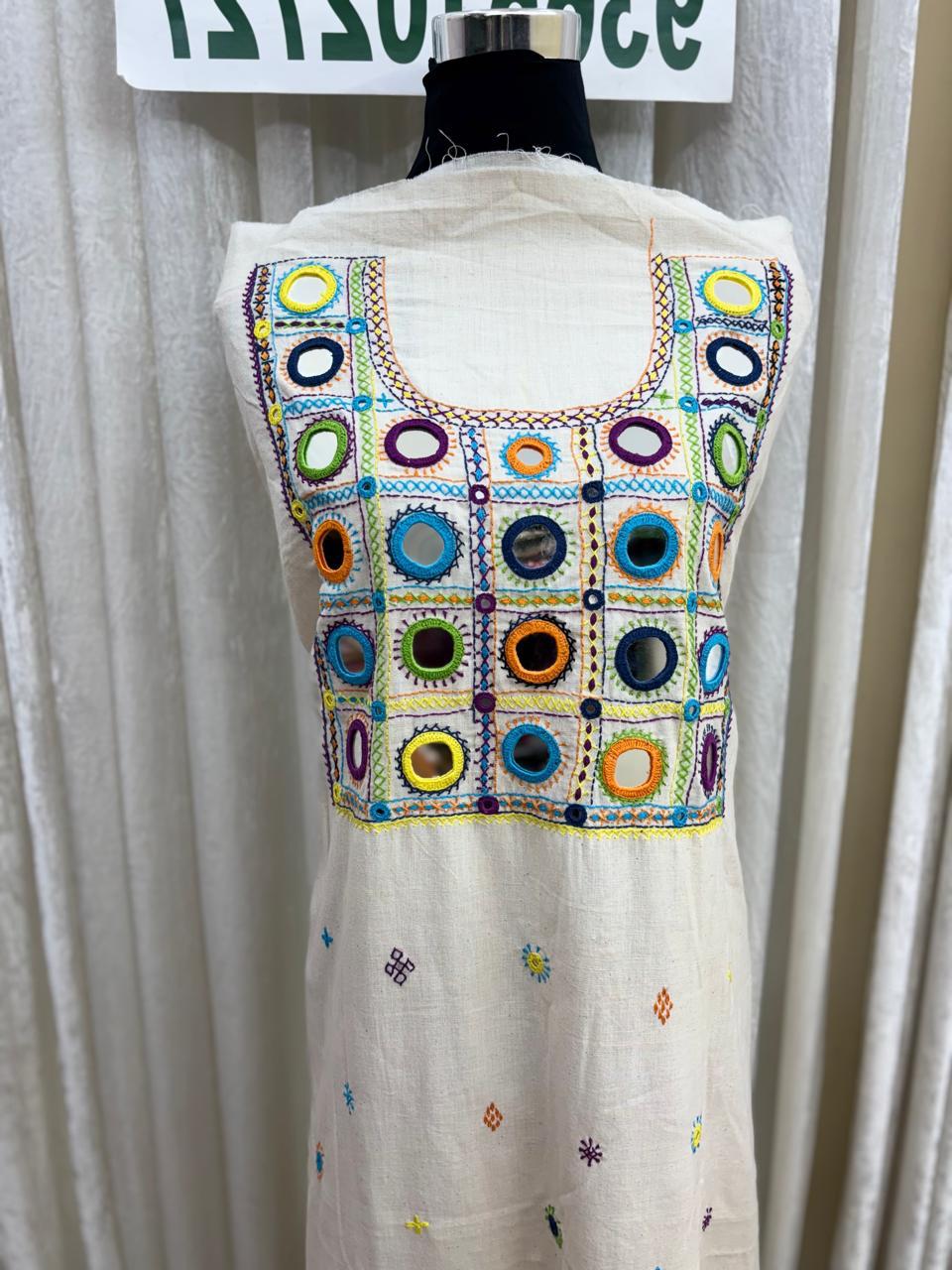 Elegant handwoven Khadi Handcrafted lambani embroidered kurti fabric Off White -05