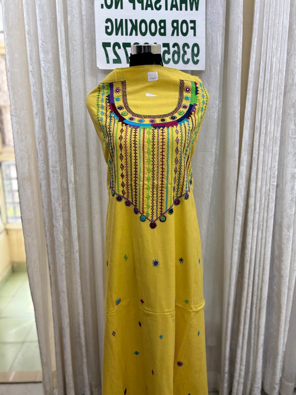 Elegant handwoven Khadi Handcrafted lambani embroidered kurti fabric Yellow -03
