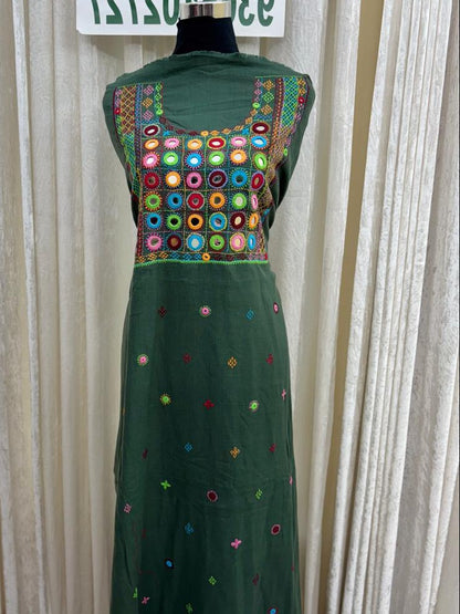 Elegant handwoven Khadi Handcrafted lambani embroidered kurti fabric Forest green -01