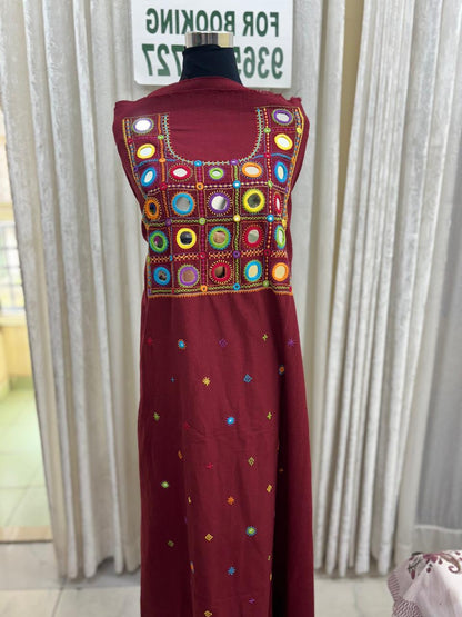 Elegant handwoven Khadi Handcrafted lambani embroidered kurti fabric Dark plum -08