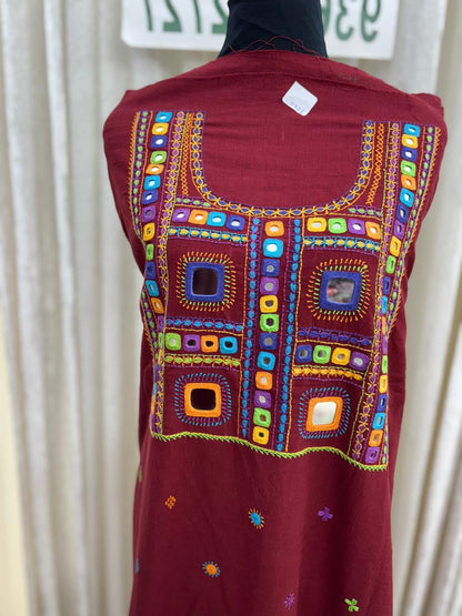 Elegant handwoven Khadi Handcrafted lambani embroidered kurti fabric Dark plum -07