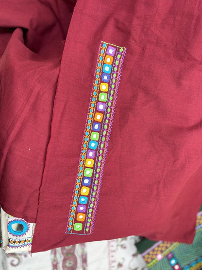 Elegant handwoven Khadi Handcrafted lambani embroidered kurti fabric Dark plum -07