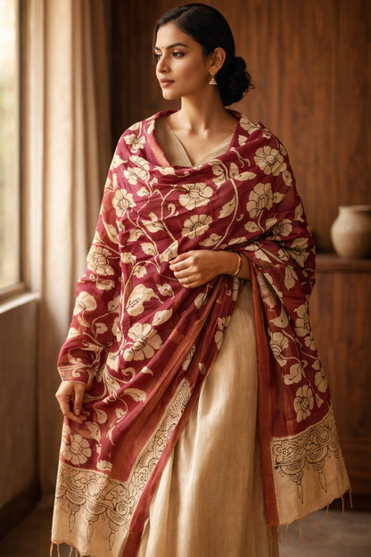 Bangalore Silk Srikalahasti Handpainted Pen Kalamkari Dupatta