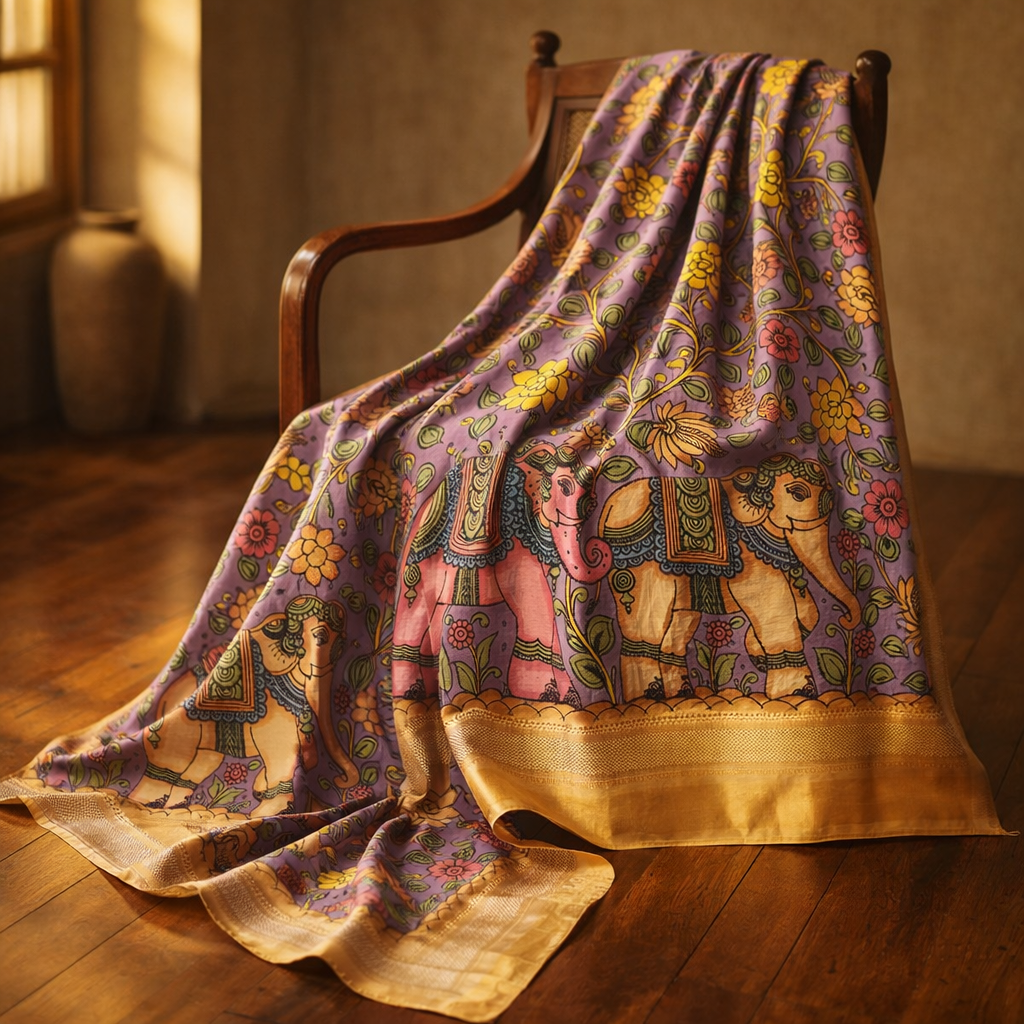 Bangalore Silk Srikalahasti Handpainted Pen Kalamkari Dupatta