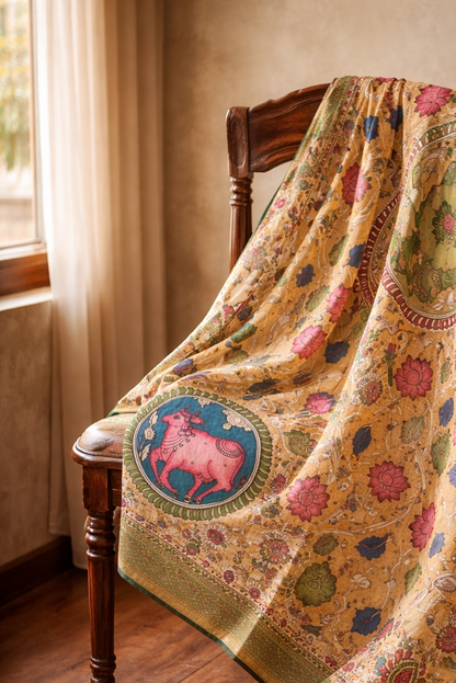 Bangalore Silk Srikalahasti Handpainted Pen Kalamkari Dupatta