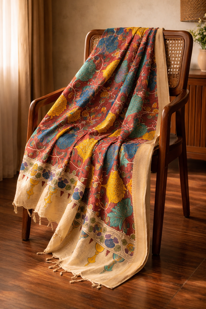 Bangalore Silk Srikalahasti Handpainted Pen Kalamkari Dupatta