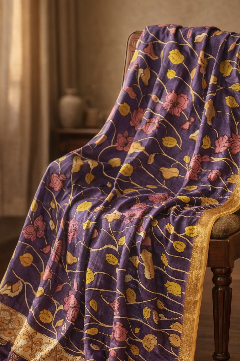 Bangalore Silk Srikalahasti Handpainted Pen Kalamkari Dupatta