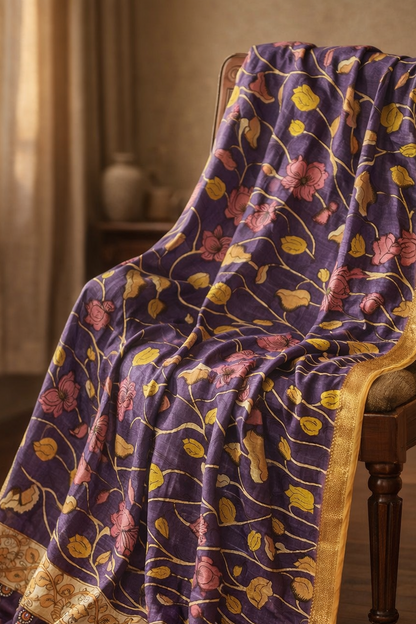 Bangalore Silk Srikalahasti Handpainted Pen Kalamkari Dupatta