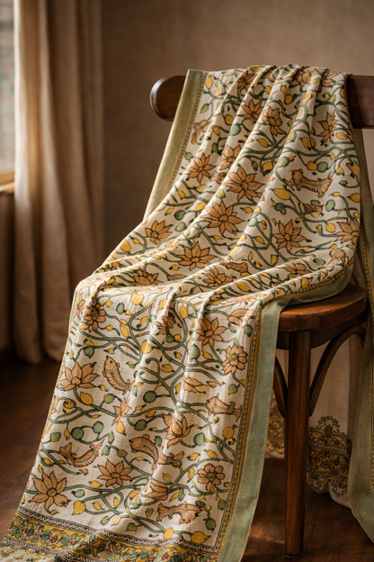 Bangalore Silk Srikalahasti Handpainted Pen Kalamkari Dupatta