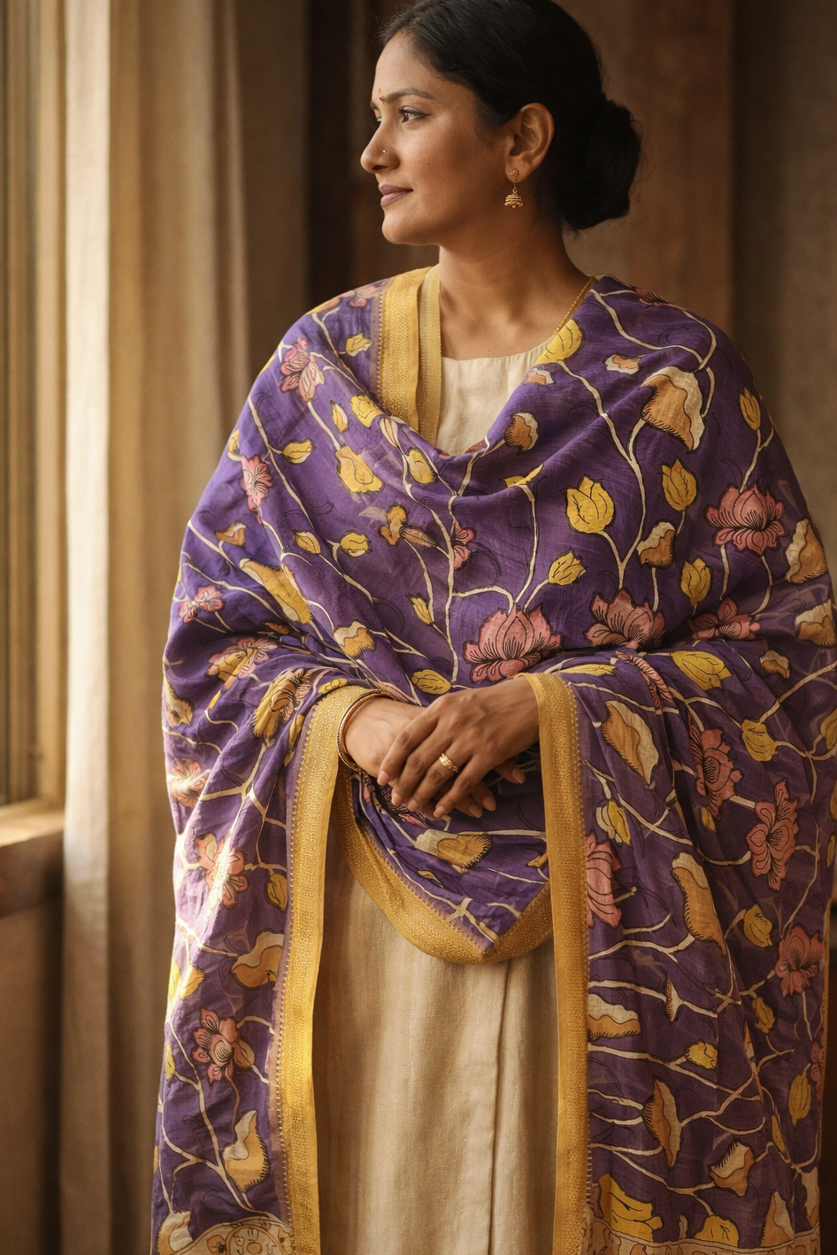 Bangalore Silk Srikalahasti Handpainted Pen Kalamkari Dupatta