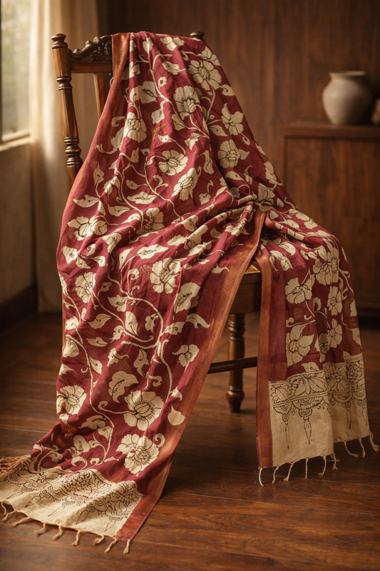 Bangalore Silk Srikalahasti Handpainted Pen Kalamkari Dupatta