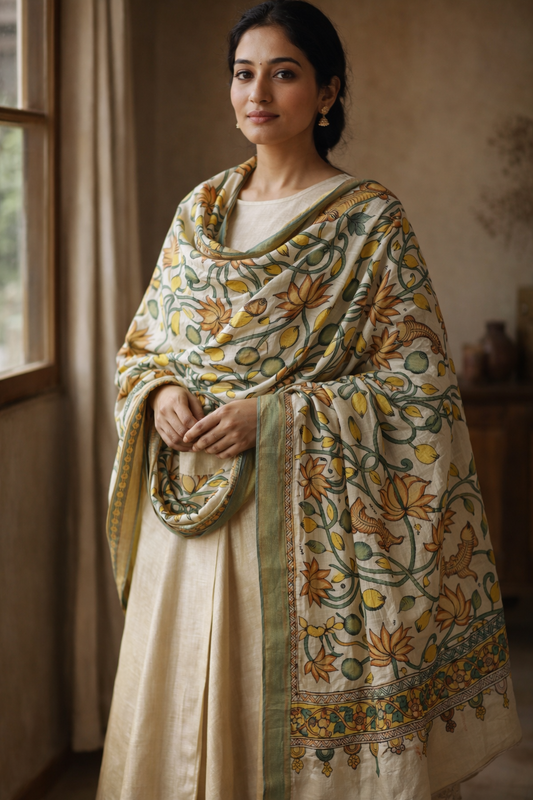 Bangalore Silk Srikalahasti Handpainted Pen Kalamkari Dupatta