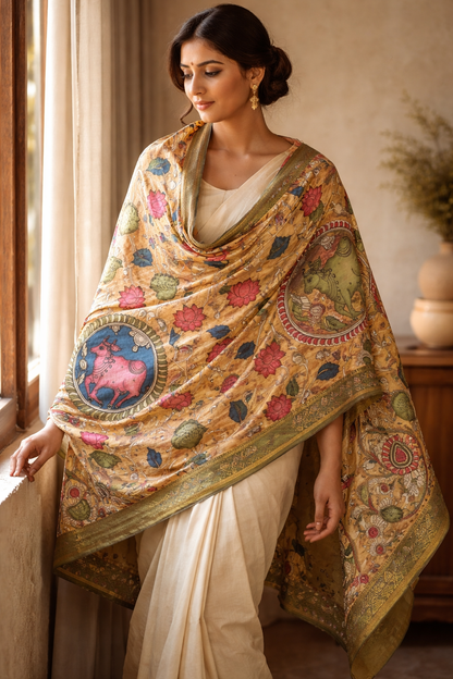 Bangalore Silk Srikalahasti Handpainted Pen Kalamkari Dupatta