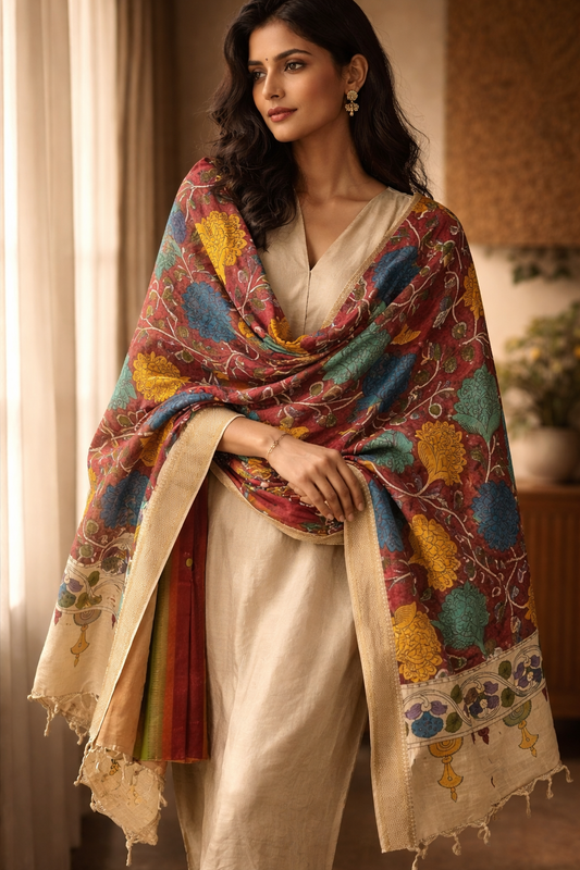 Bangalore Silk Srikalahasti Handpainted Pen Kalamkari Dupatta