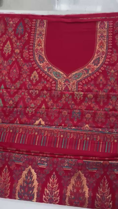 Red Unstitched Pure Wool Suit Jamawar suits with zari weaving